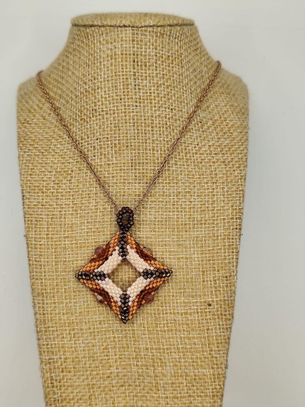 Handmade Cream and Brown Beaded Diamond Pendant Necklace